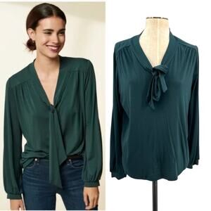 Amour Vert Elias Tie Neck Blouse Top Long Sleeve Jersey Spruce Green Size Medium